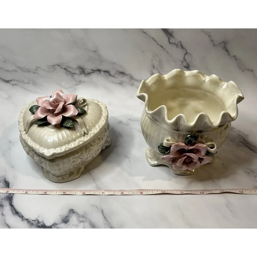 Opalescent Ceramic Vase & Trinket Box With Raised Flowers Coquette Cottage Core